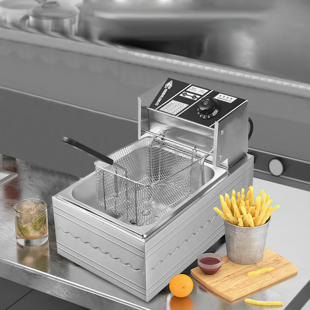 6L Electric Deep Fryer Stainless Steel Countertop Fryer with Basket for Fried Chicken French Fries with Time & Temp Control