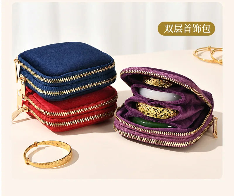 Tassel Jewelry Organizer Bag Portable Travel Case with Metal Zipper for Bracelets Jade Bangles Necklaces Rings Storage Pouch