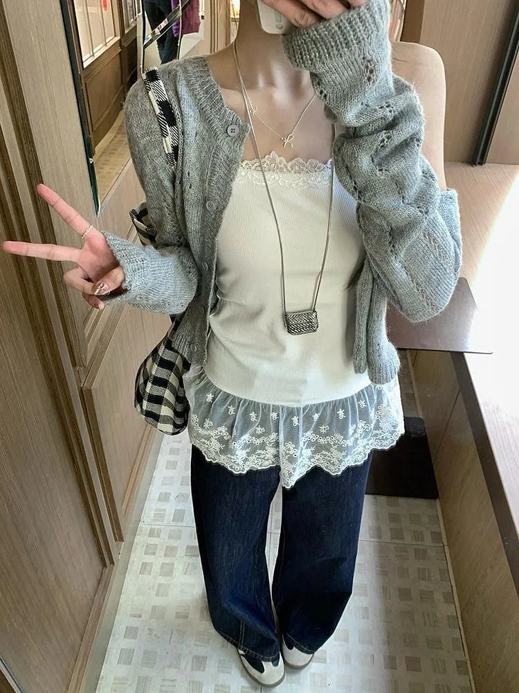 Lace Undershirt Ruffle Patchwork Hem Cami 2025 Sexy Top Women's Long Sleeveless T-Shirt Camisole Y2K Korean Gray Cotton Camis