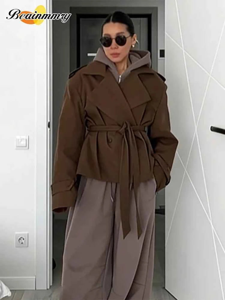 Cropped Lace-up Blue Casual Trench Coat Women Lapel Long Sleeve Wide Shoulder Windbreaker Jacket Fall Commute Daily Streetwear