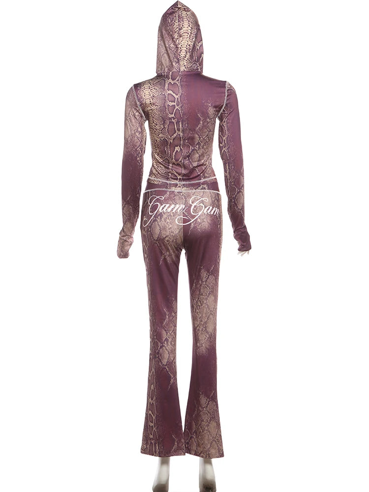 Weird Puss Letter Snake Print Tracksuit 2-Piece Set Women Patchwork Zip Jacket+Pants Matching Casual Stretch Streetwear Outfits
