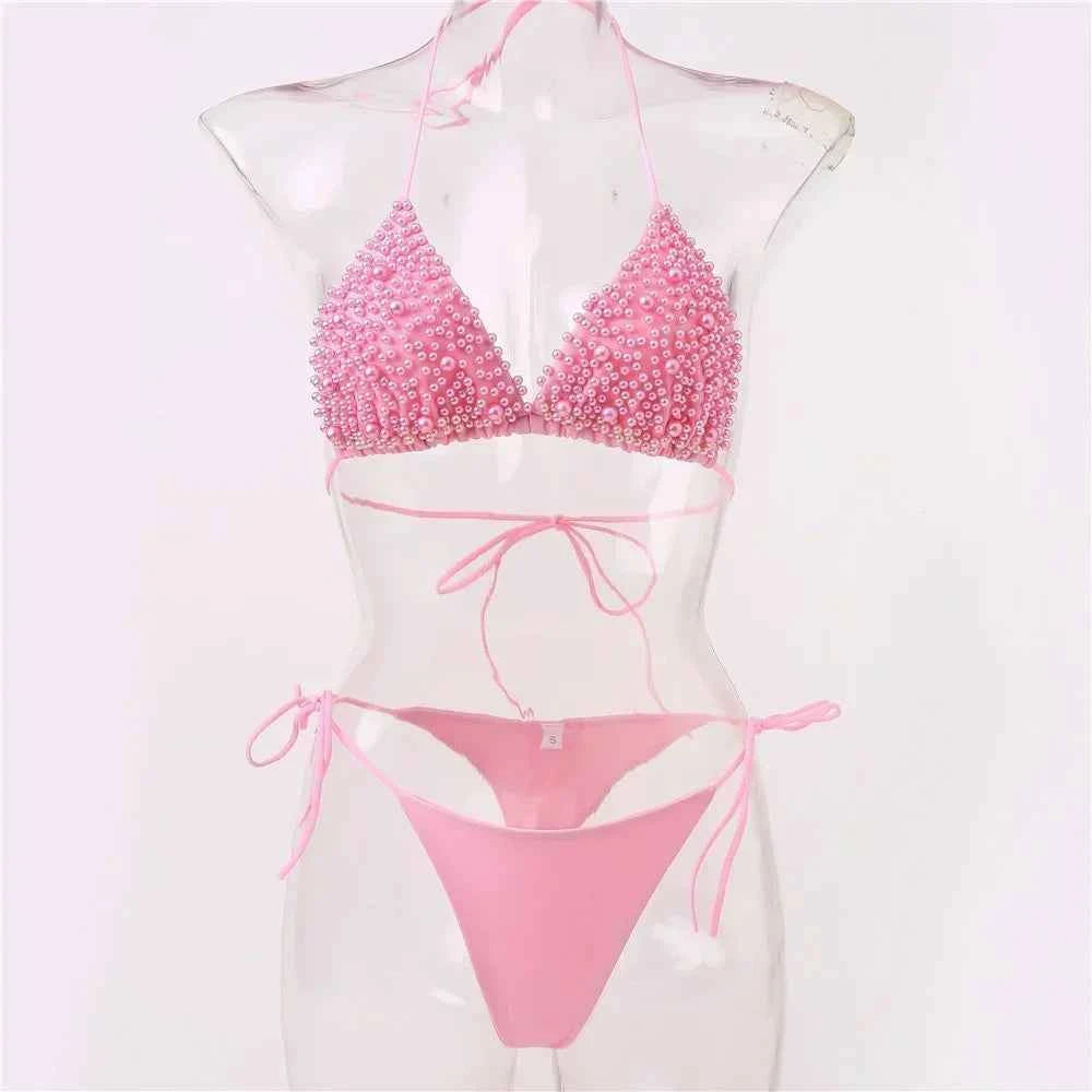 Pearl Bikini String Thong Swimsuit Kawaii Y2K Swimwear Trend Women Two Piece Bathing Suit Beachwear Bikinis Set Vacation Outfits
