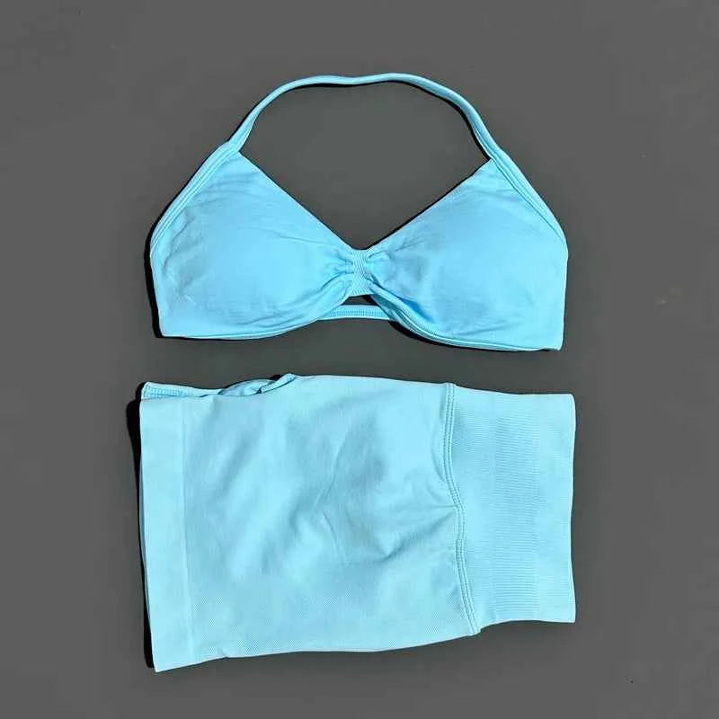 HISTELLO Gym Set 2 Piece Women Strappy Yoga Bra Top Workout Scrunch Shorts Sports Suit Fitness Clothes Seamless Yoga Set
