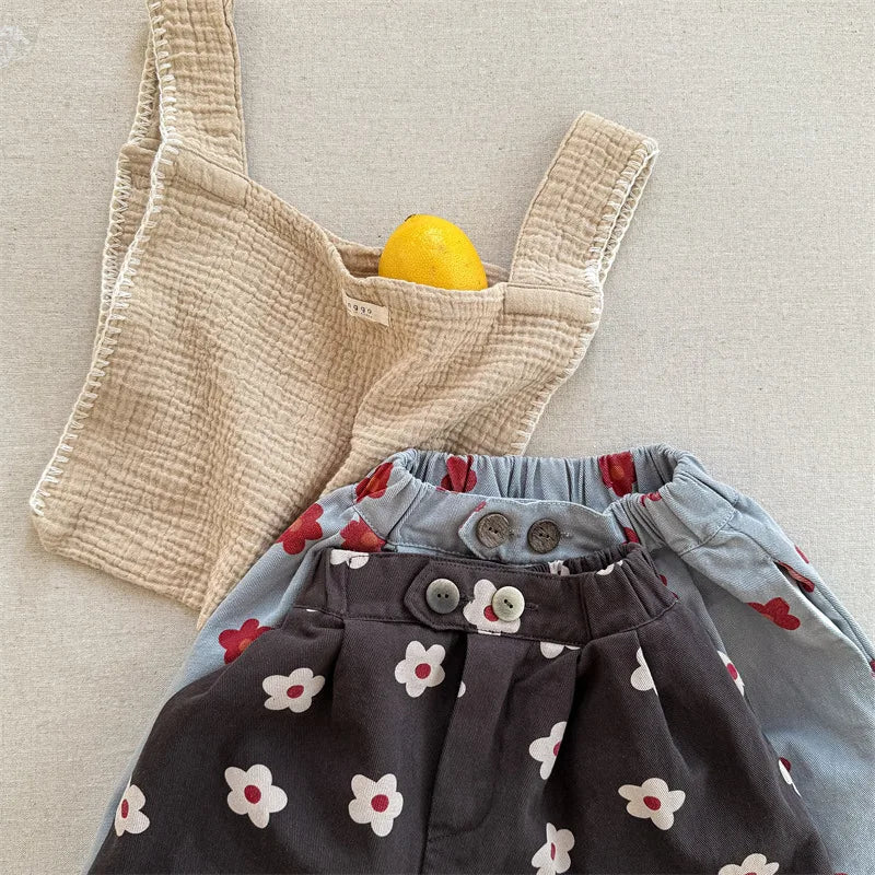 2026 Spring New Children Casual Pants Fashion Flower Print Girls Harem Pants Cotton Kids Loose Trousers Boys Cute Baby Clothes