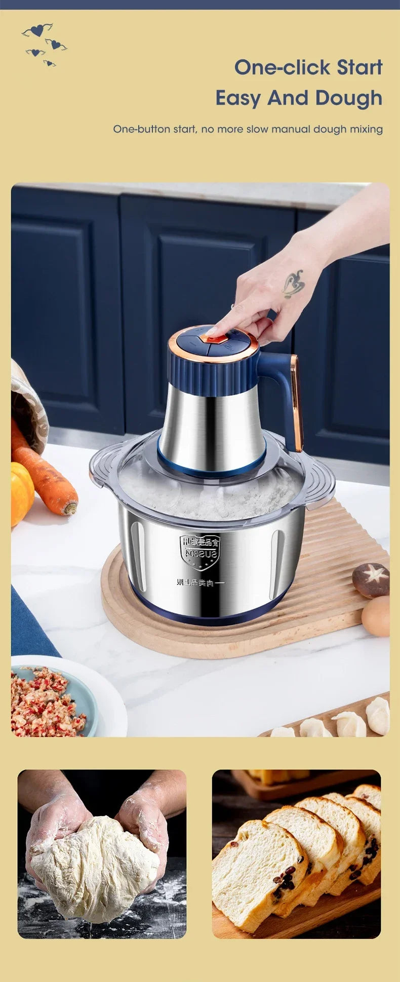 5L EU Electric Food Grinder Multifunctional Vegetable Chopper Blender Large Capacity Meat Mincer for Household Cooking