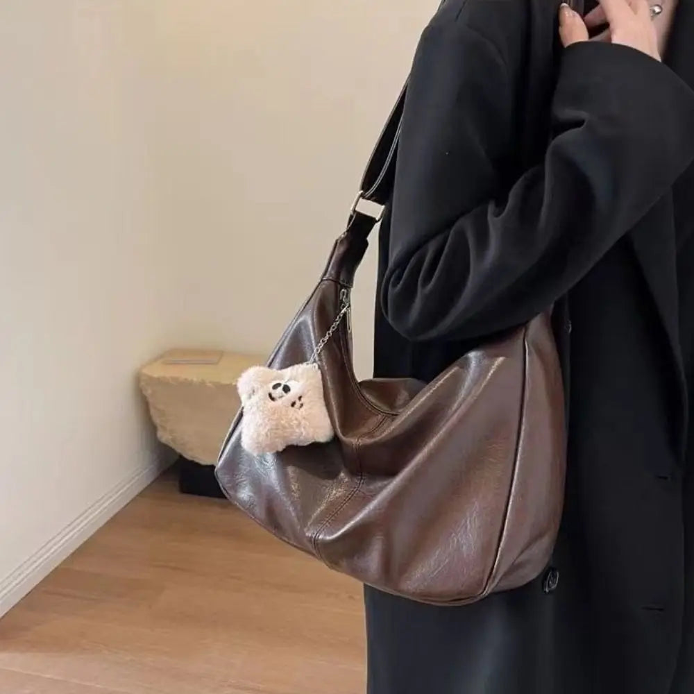 Trendy Slouchy Shoulder Bag for Women PU Leather Large Capacity Underarm Bag Retro Ladies Hobo Tote Bag