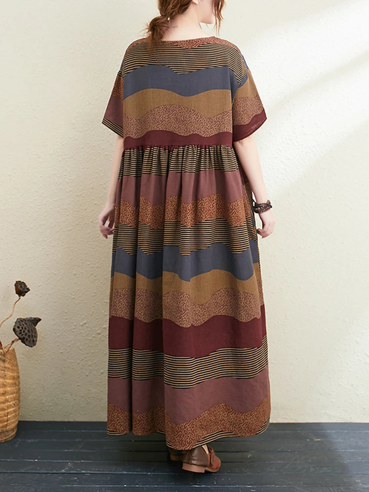 2026 New Summer Cotton Linen Short Sleeve Vintage Striped Print Dresses For Women Long Fashion Dress Elegant Vestidos Robe Femme