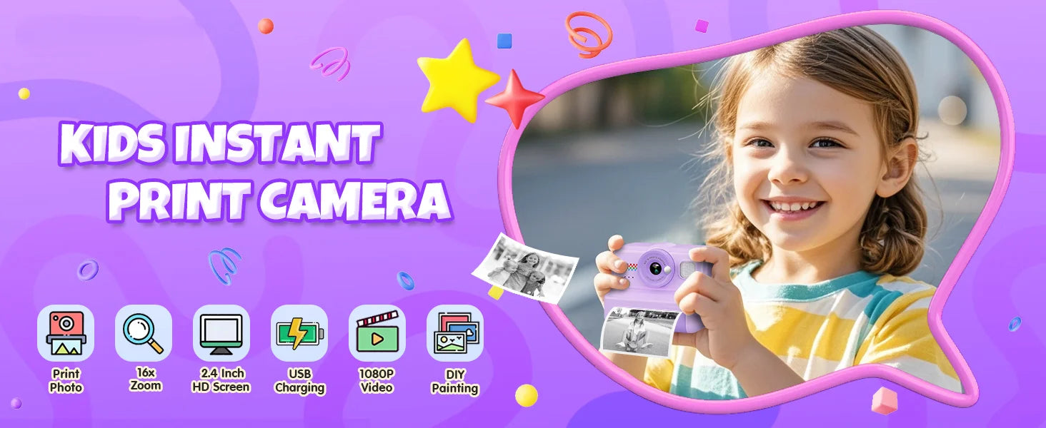 Kids Camera Instant Print, 1080P HD Instant Print Camera for Kids with 3 Rolls Print Paper, Selfie Digital Camera for Kid