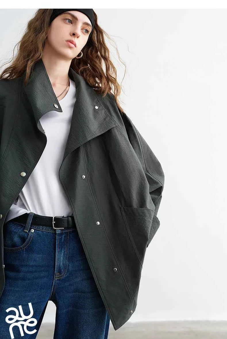 TOYOUTH Women's 2026 Spring New Loose Stand-Collar Utility-Style Lightweight Jacket Coat with Slub Wrinkle Texture
