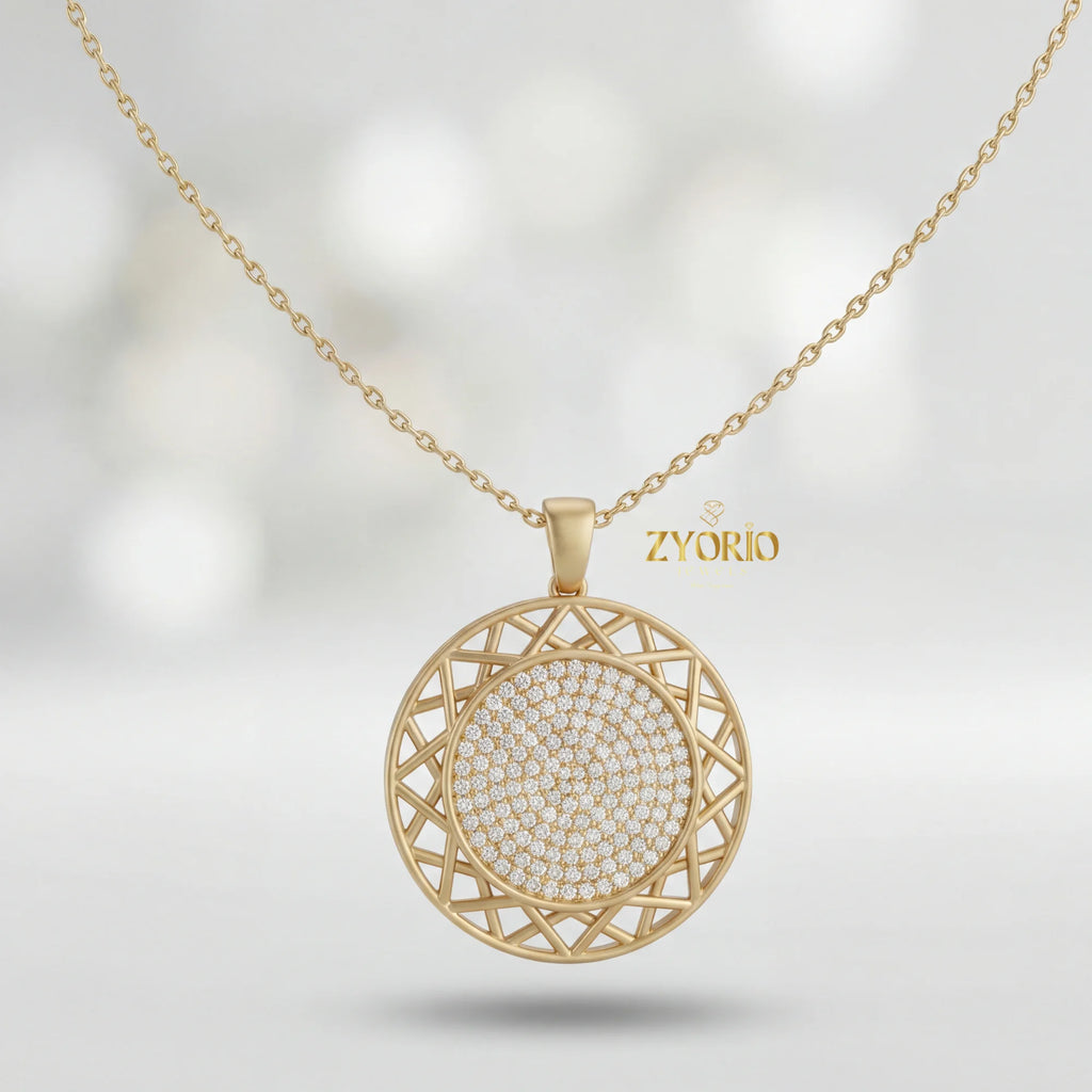 Gold Geometric Openwork Diamond Pendant Sparkling Link Chain Necklace Luxury Engagement Wedding Anniversary Party Modern Design