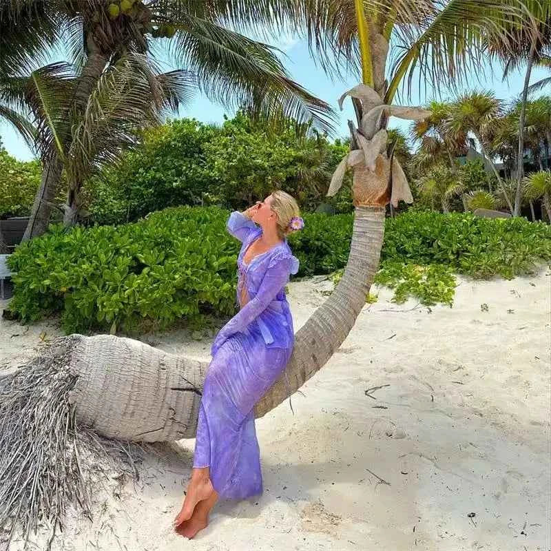 Print Y2K Mesh Long Sleeve Top Shirts Green and Maxi Skirt Bodycon Two Piece Sets Beach Outfits Women Club