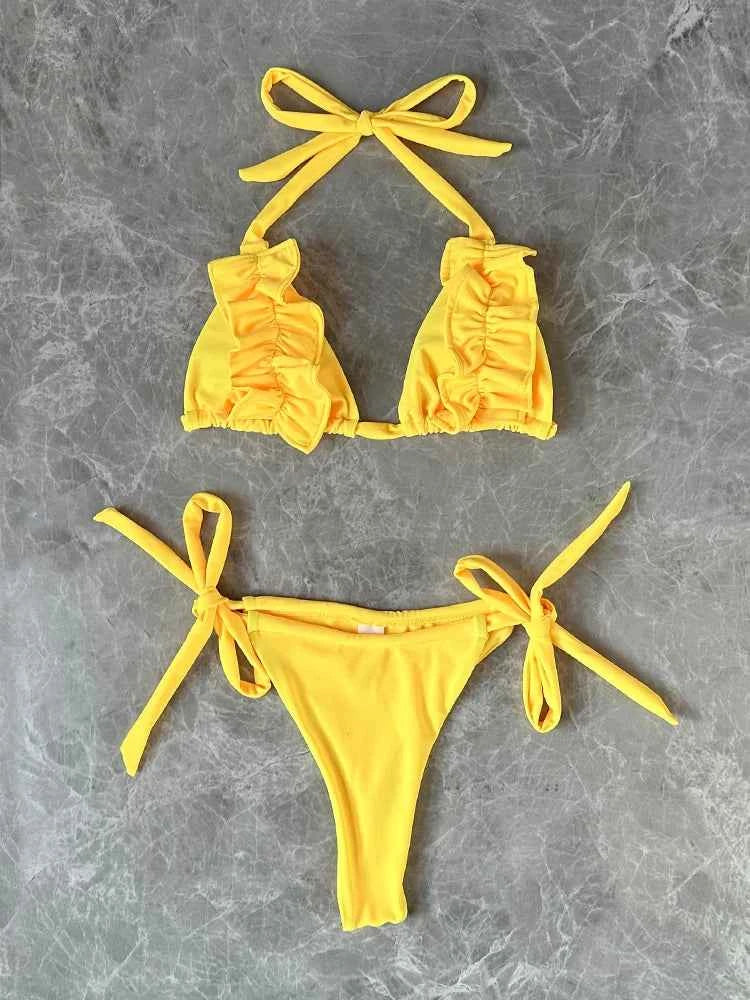 2024 New Sexy Low Waisted Bikini Set Swimsuit Swimwear Women Strappy Ruffle Solid Halter Beachwear Bathing Suits Women's biquini