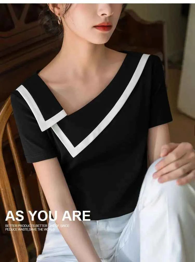French Haute Couture Niche Design Black White Panelled Diagonal Neck Short Sleeved T-shirt Women's Patchwork Fashion Slim Top
