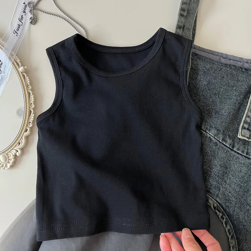 Summer Girls Clothes Sets Sleeveless T-shirt+Denim Mesh Dress Korean Kids Clothing Children Casual Clothes Suits 2 3 4 5 6 7Yrs