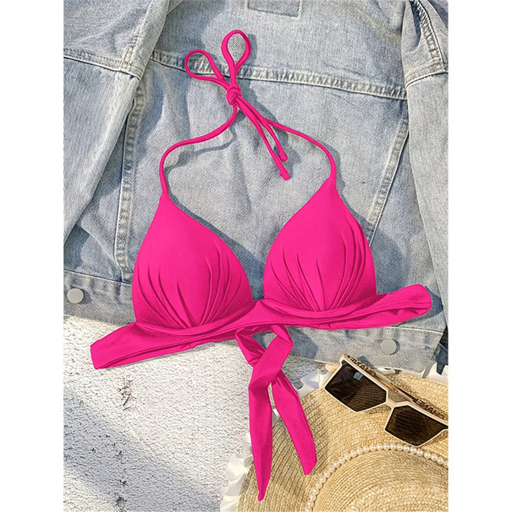 XS - XL New Sexy Push Up Bra Cup Halter Bikini Top Female Swimsuit Women Swimwear Bather Bathing Suit Swim Solid Beach Top V7019