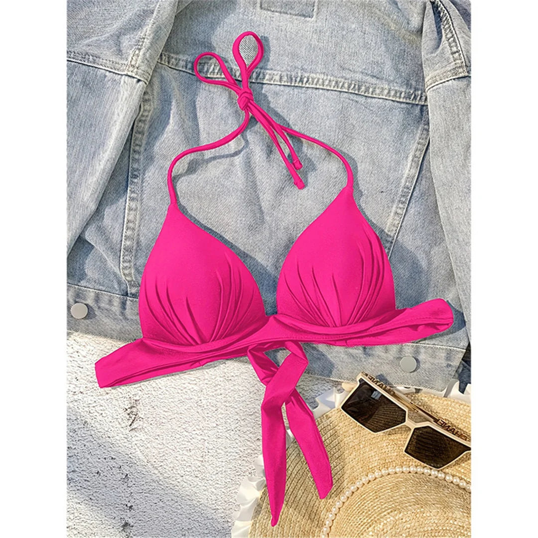 XS - XL New Sexy Push Up Bra Cup Halter Bikini Top Female Swimsuit Women Swimwear Bather Bathing Suit Swim Solid Beach Top V7019
