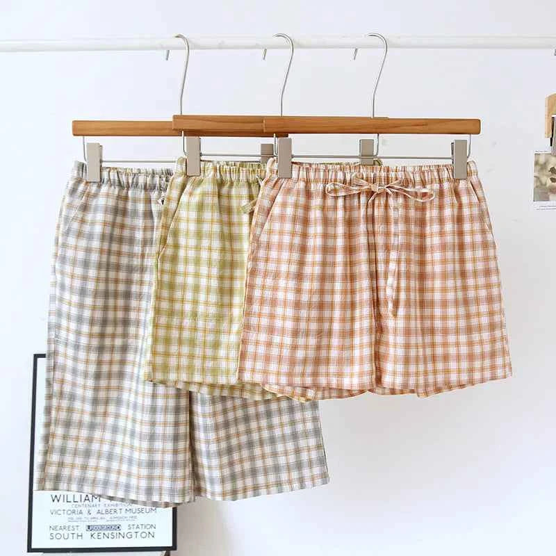 Summer Thin Loose Fit Women's Home Shorts Cotton Plaid Design Multi Colors Sleepwear Beach and Casual Wear Short Pants