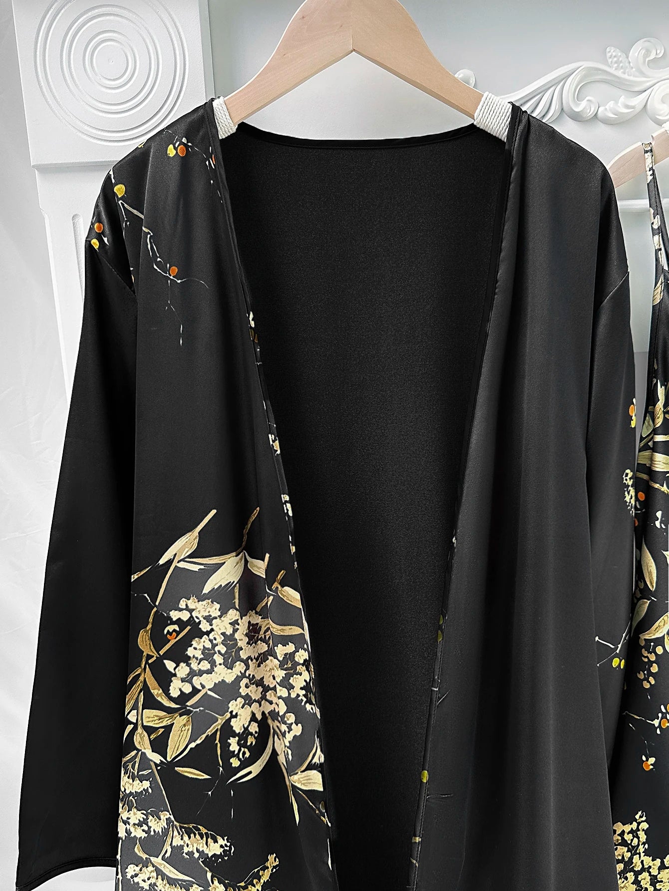 Floral Print Pajama Set Long Sleeve Robe With Belt   V Neck Slip Dress  Women's Sleepwear  Loungewear