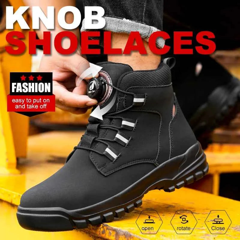 Leather Non Slip Work Boots for Men Rotating Button Safety Shoes Steel Toe Sneaker Male Puncture Proof Protective Boots