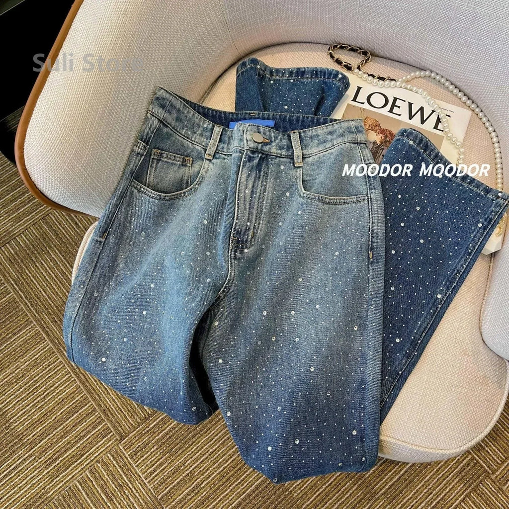 2024 New Spring Summer All-match Casual Harem Pants High Waist Stretch Slim Denim Pants Hot Drilling Casual Ankle-length Jeans