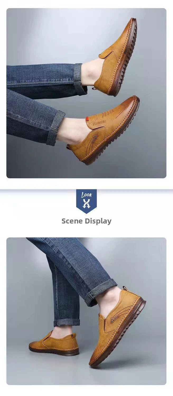 Fashionable Soft Leather Men's Shoes Wear-Resistant Bean Bean Shoes Breathable round Toe Flat Heel Casual Shoes for Spring