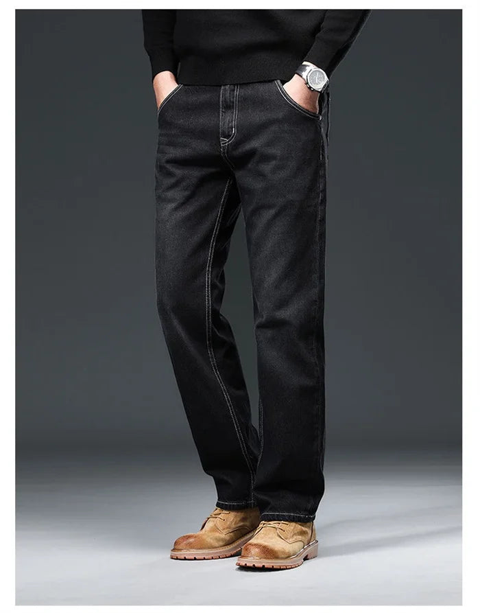 2026 Men Jeans 100% Cotton Thick Straight Plus Big Size 42 44 46 48 140KG Loose Classic Black Denim Trousers Casual Pants