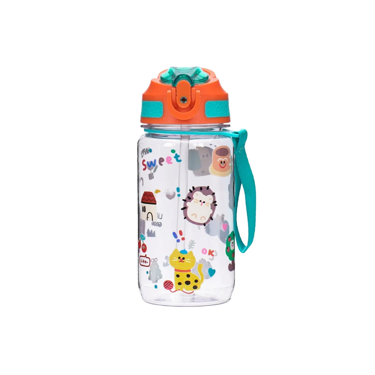 600ml Water Bottle With Straw Leakproof Flip Cap Cute Animal Print Portable Hanging Rope School Outdoor Sports Drinking Plastic