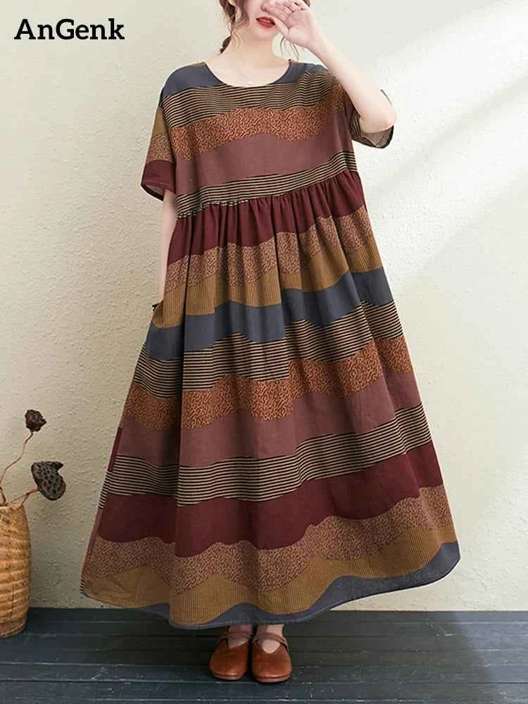 2026 New Summer Cotton Linen Short Sleeve Vintage Striped Print Dresses For Women Long Fashion Dress Elegant Vestidos Robe Femme
