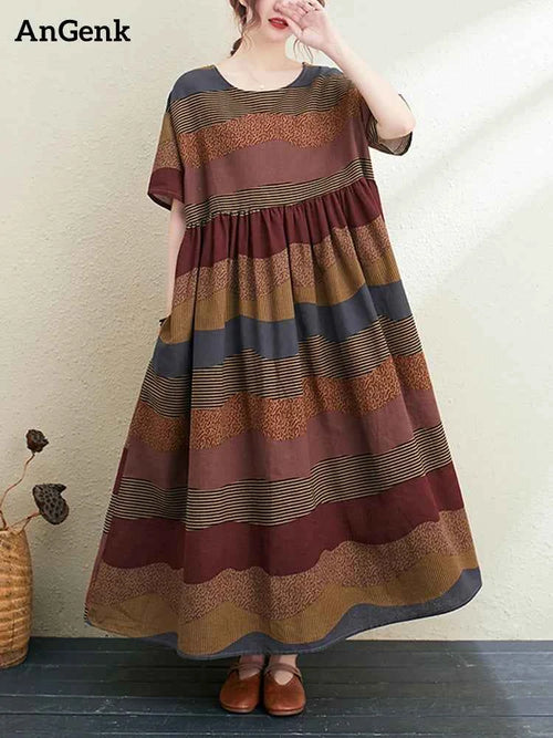 2026 New Summer Cotton Linen Short Sleeve Vintage Striped Print Dresses For Women Long Fashion Dress Elegant Vestidos Robe Femme