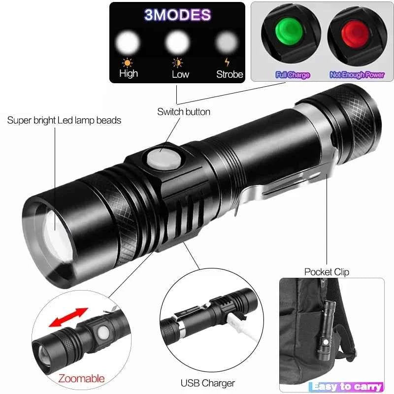Powerful LED Flashlight with Clip Portable Telescopic Zoom Rechargeable Defense Flashligh For Outdoor Camping Hiking Cycling