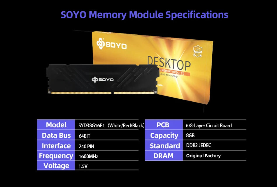 SOYO Memoria Ram DDR3 8GB Desktop 1600 Mhz DIMM Memory Module Ram For Intel & AMD 64Bit 240Pin 1.5V PC3-12800 PC Gameing