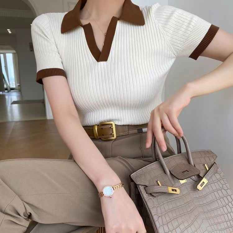 Vintage Panelled Knitted T-shirts Women V-neck French Style Slim Summer New Literary Fashion All-match Mature Elegant Ulzzang