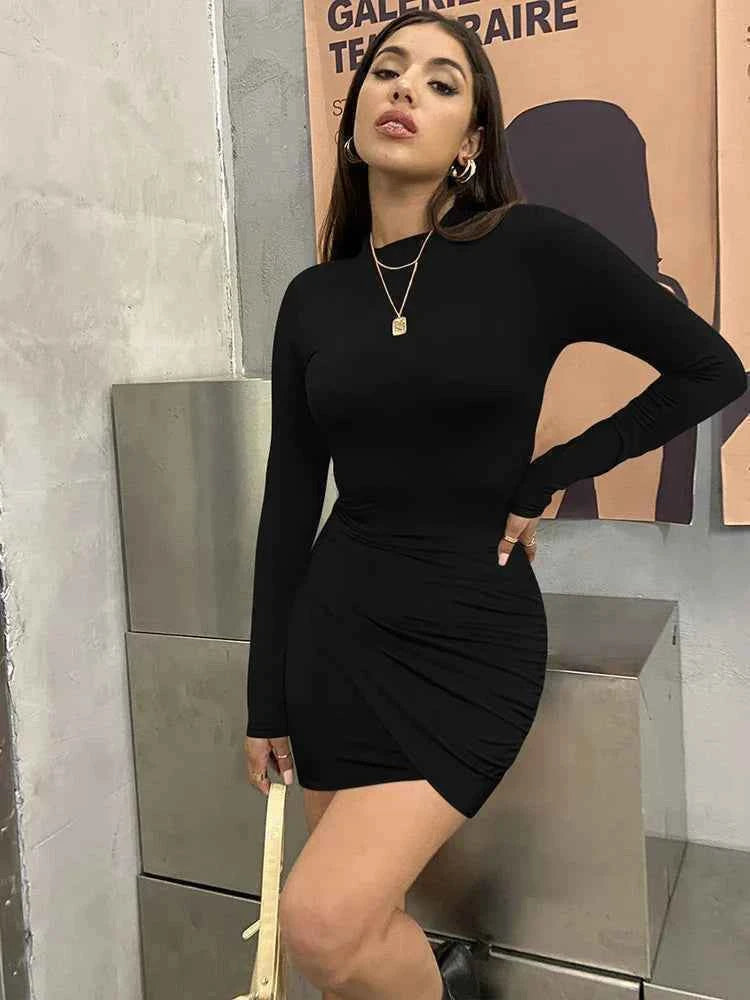 2025 Autumn Sexy Ruched Irregular Long Sleeve Dress Women's Turtleneck High Waist Slim Fit Dresses