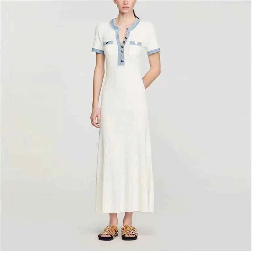 Elegant Contrasting Women Knit Maxi Dress Chic O-neck Short Sleeve Metal Buttons Bodycon Dresses Office Lady Commuting Robe