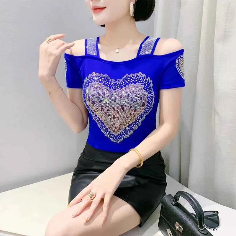 New Arrival Summer European Clothes Women's T-Shirts Chic Luxury Butterfly Hot Diamonds Tees Sexy Girl Slim Streetwear Tops
