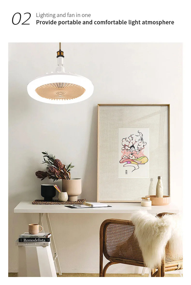 E27 30w LED Ceiling Fan with Light Remote Control Dimmable Ceiling Bulb with Cooling Fan 3 Modes Indoor Bedroom Chandelier