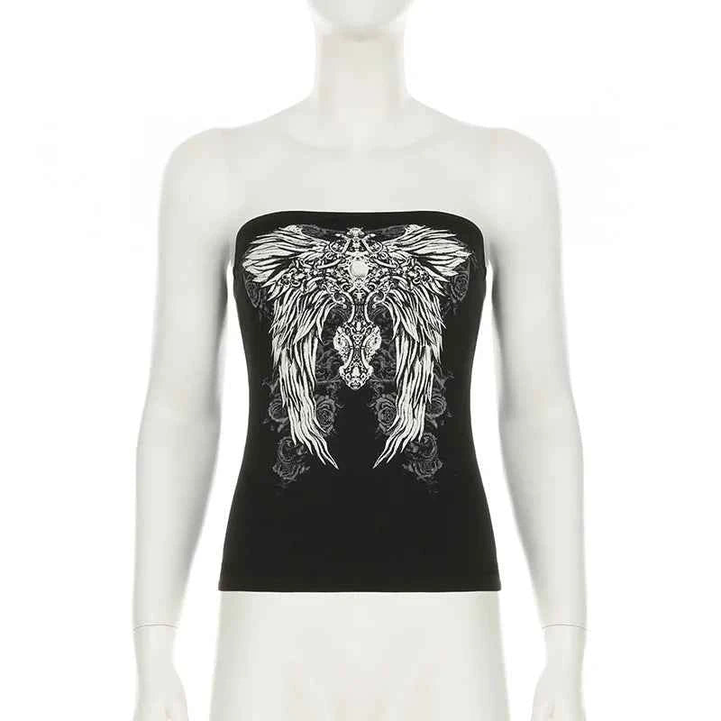 Gothic Print Black Strapless Tube Top Women Skinny Cropped Summer Casual Chic Graphic Tee Y2K Streetwear Basic Vest