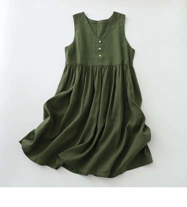 2026 New Women's Cotton Linen Sleeveless Dress Casual V Neck Button Down Loose Midi Dresses for Summer Women's Casual Dresses