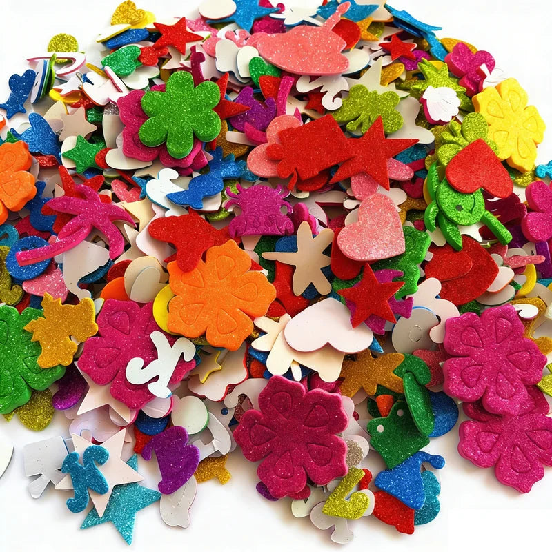 100PCS Glitter Foam Stickers Assorted Shapes Self-Adhesive Craft Stickers for Kids DIY Scrapbooking Card Making Classroom Decor