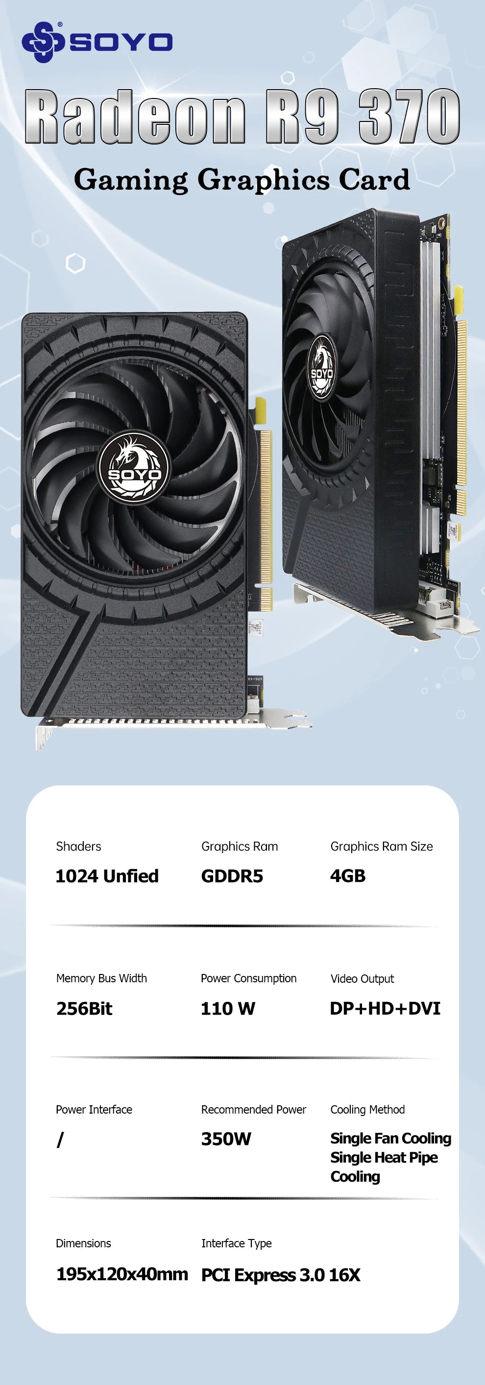 SOYO AMD Radeon R9 370 4G Graphics Card GDDR5 Video Memory 256Bit Gaming Card PCIE3.0x16 DP DVI for Desktop Computer Host