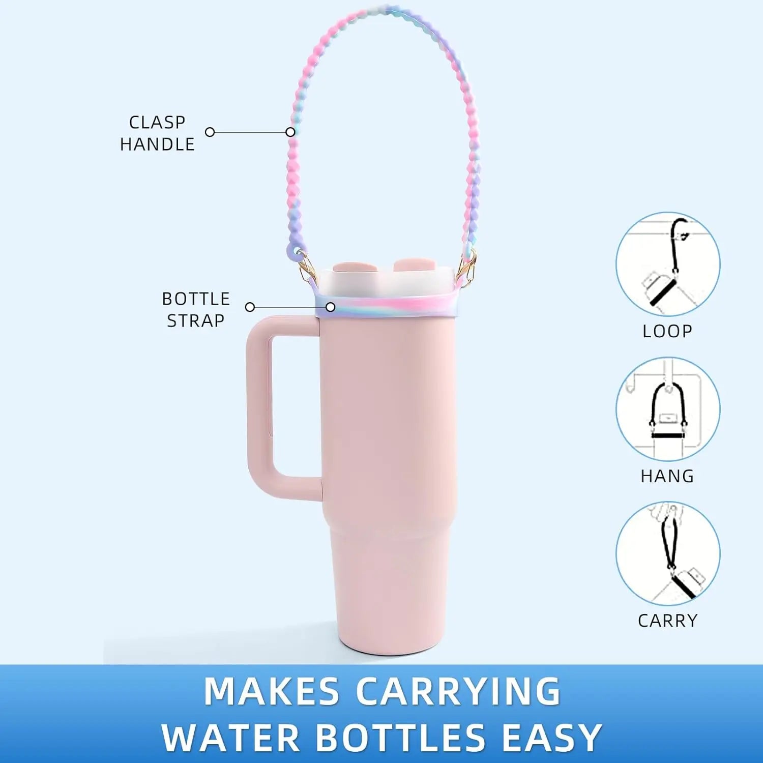 Water Bottle Handle - Soft Silicone Holder, Sling, Lanyard Fits Most 8-40oz Bottles
