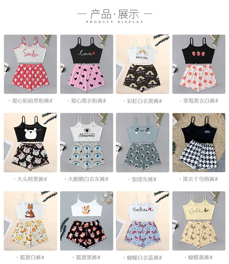 Summer Silk Satin Pyjama Pajamas for Women Sexy Sleepwear Sling Top Shorts Pajama Set Cartoon Pattern Printing 2-Piece Homewear