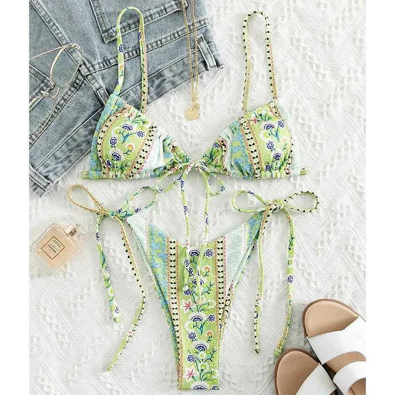 BIQIUYYI New Floral Print String Bandage Bikinis Triangle Cup Push Up Swimsuit Women Bathing Suit Beachwear Halter Swimwear XS