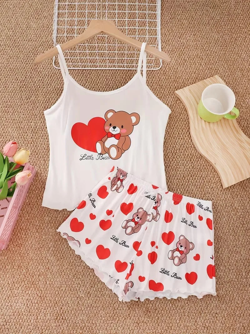S M L XL Cute  Bear Love Peach Heart Printed Pajamas Set for Women's Loungewear Tops With Shorts Sleepwear Home Wear Clothes