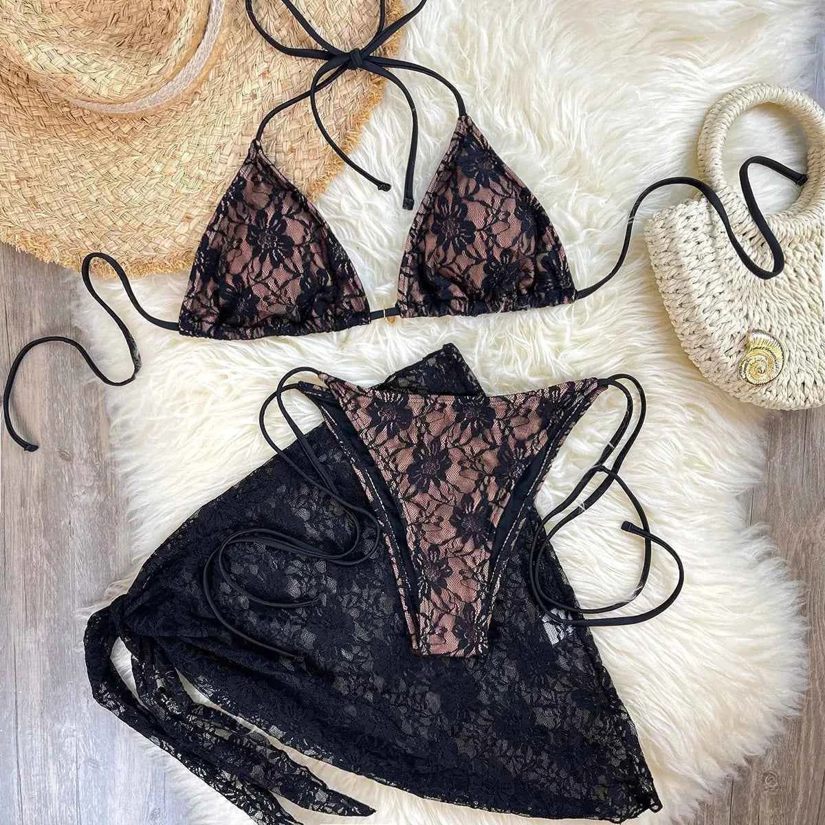 Lace Fabric Three-pieces Swimsuit Set With Sarong Bikini Inspired Women's Swimwear Beachwear Bathing Suit Vacay Outfit Biquini