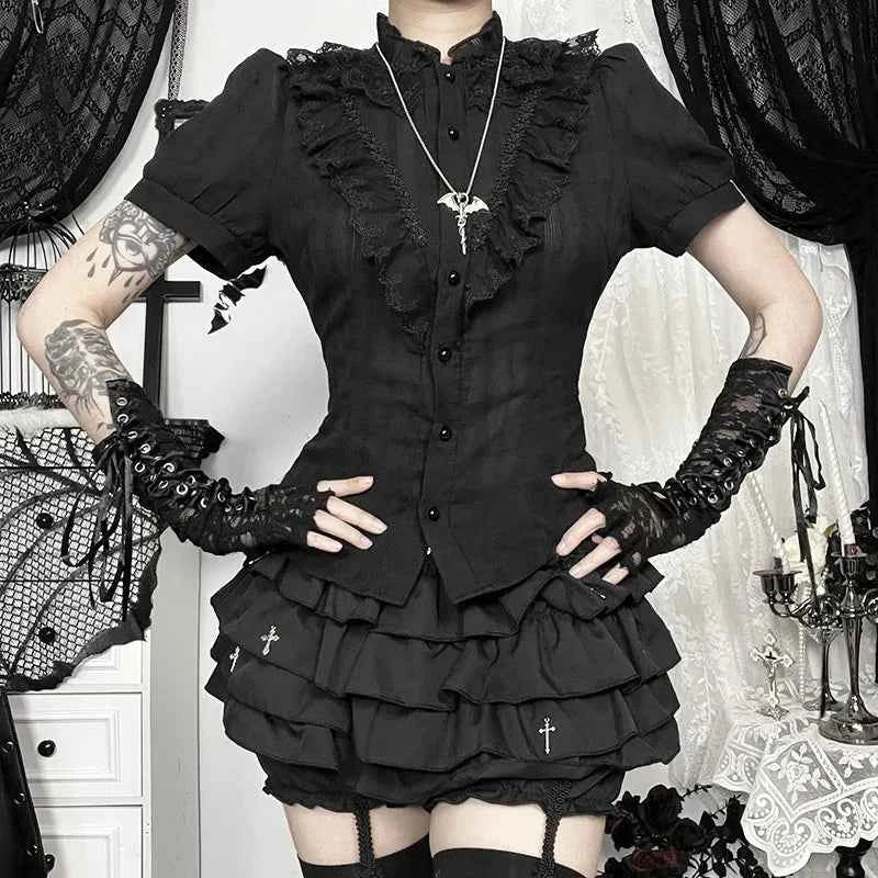 Sweet Lolita Cotton Shirts Women Vintage Gothic Black White Jacquard Short Sleeve Blouses Elegant Office Lady Y2k Tops
