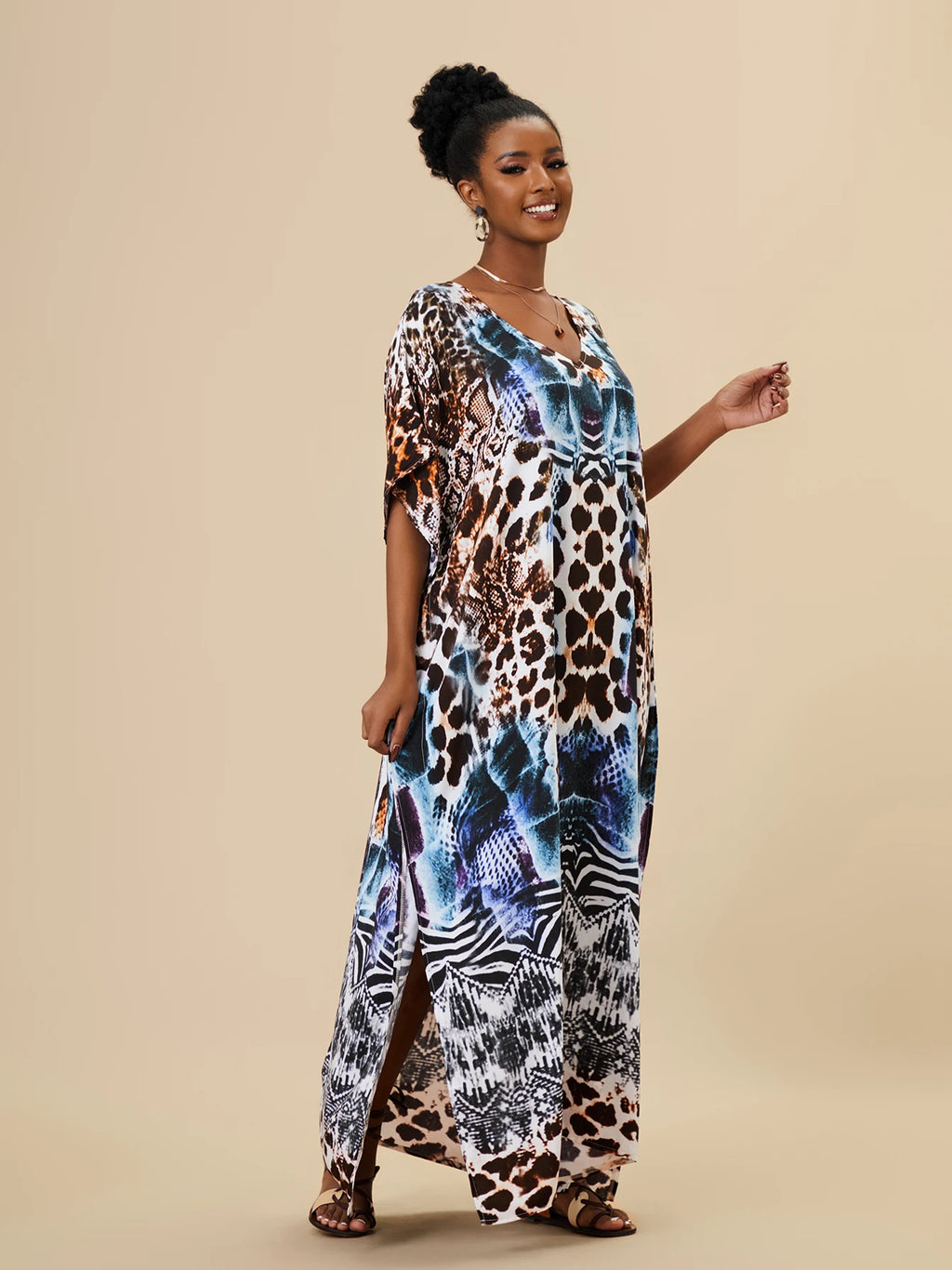 EDOLYNSA 2023 Bohemian Printed Loose Kaftan Casual Summer Vacation Maxi Dress Women Clothing Beach Wear Swim Suit Cover Up Q1469