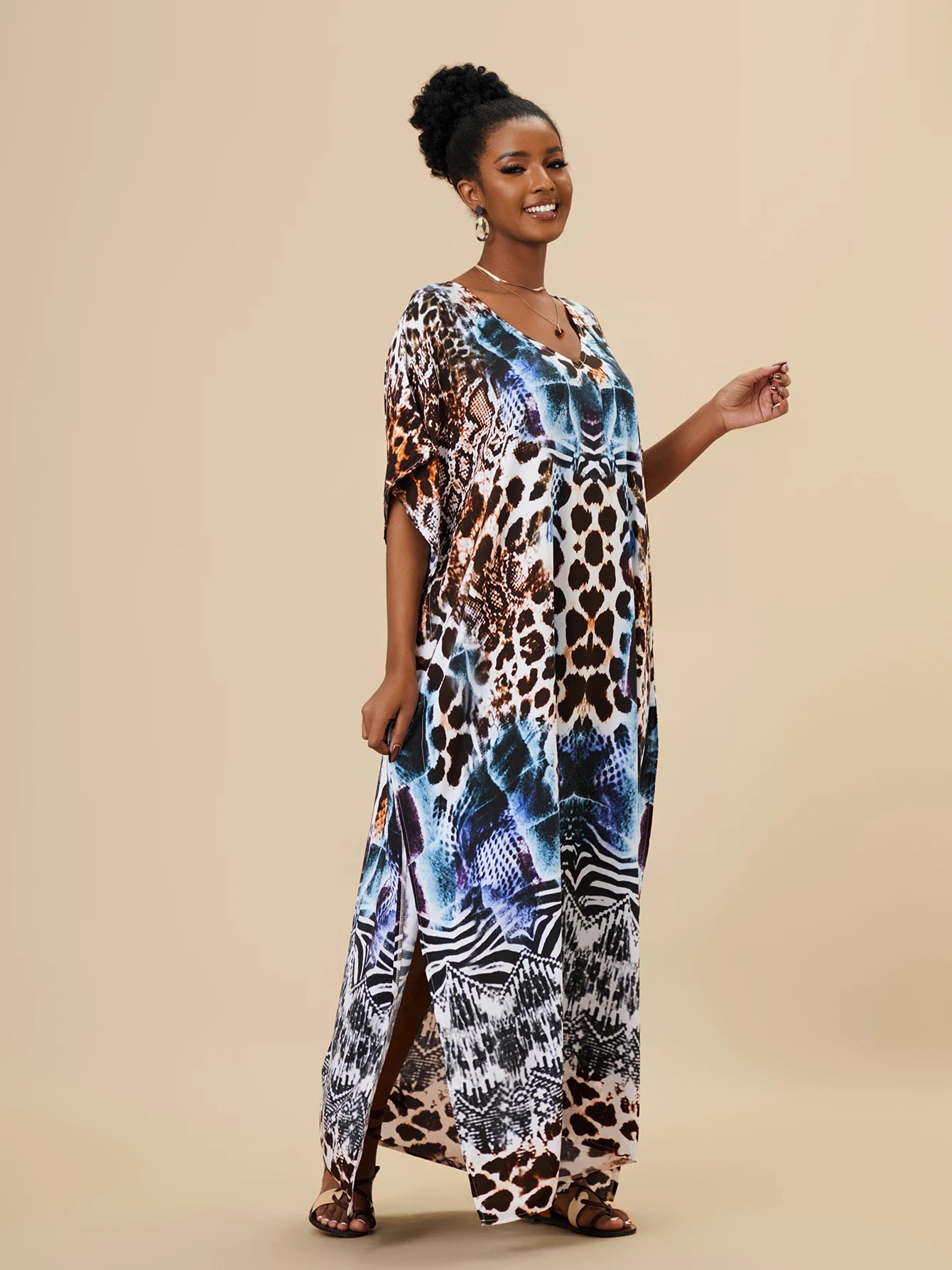 EDOLYNSA 2023 Bohemian Printed Loose Kaftan Casual Summer Vacation Maxi Dress Women Clothing Beach Wear Swim Suit Cover Up Q1469