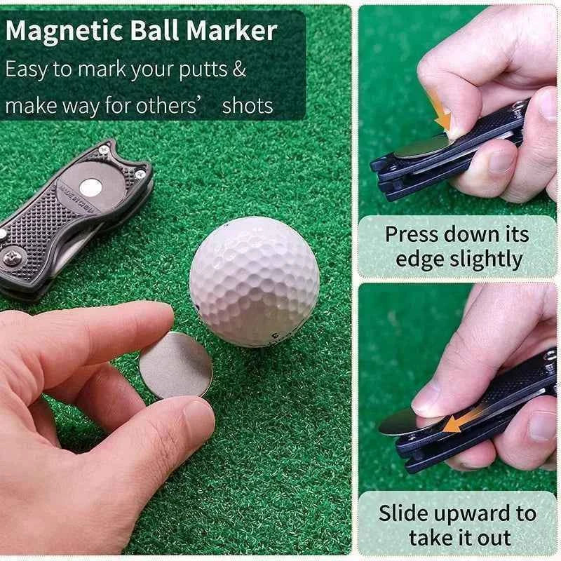 Golf Divot Repair Tool Foldable Metal Golf Green Divot Tool with Magnetic Ball Marker