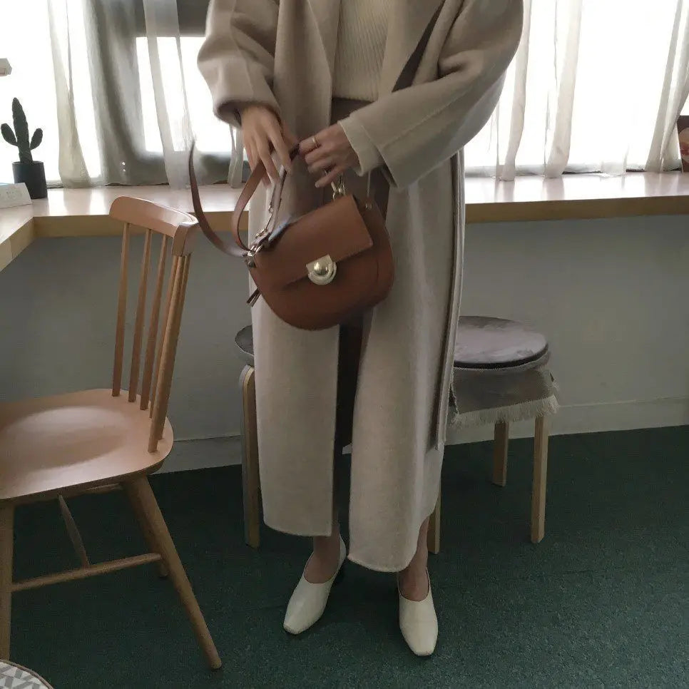 Chic Thick Warm Lapel Lace-up Pockets Loose Woolen Coat 2025 Autumn Winter New Korean Female Long Oversize Casual Women Clothes